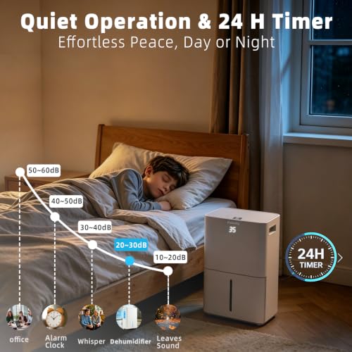 Folanzy 40 Pint Smart Dehumidifier for Basements Home (Covers 3500 Sq.Ft) | Continuous Drain Hose, Water Tank,Auto Defrost, 24H Timer & Quiet Operation for Garage,Bedroom