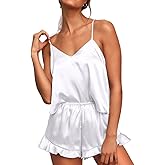 CHYRII Women's Sexy Silk Satin Ruffled Pajamas Sets Cami Shorts Sets Sleepwear