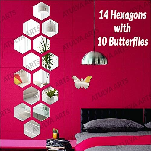 3D Hexagon Acrylic Wall Stickers- Pack of 14 with 10 Butterflies Acrylic Mirror Wall Stickers (Silver)