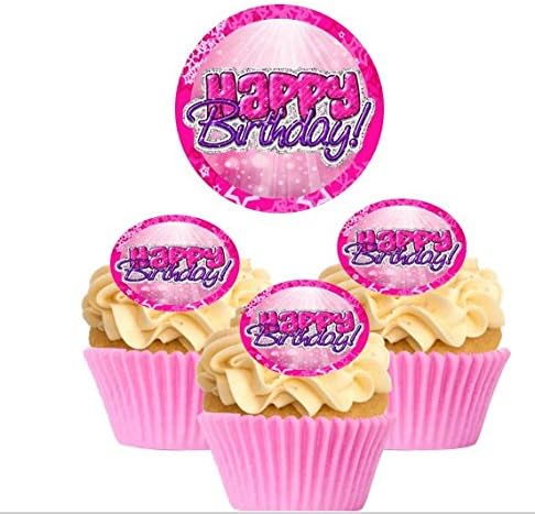 12 New Large Pre Cut Edible Pink Sparkle Happy Birthday Wafer Cupcake Decorations Toppers - by Kreative Cakes
