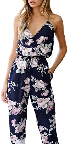 TAORE Women Jumpsuit Romper Sleeveless V-Neck Floral Printed Party Playsuit Trousers (XS, Navy)