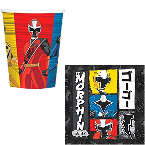The Ultimate Power Rangers Ninja Steel Birthday Party Supplies Pack For 16 With Plates, Cups, Napkins, Tablecover, Candles, Garland, Add An Age Birthday Banner, and Exclusive Pin By Another Dream