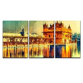 3 Piece Canvas Wall Art - Golden Temple at Amritsar, India - Oil Painting - Modern Home Art Stretched and Framed Ready to Hang - 16"x24"x3 Panels