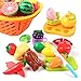 Tomons Kids Pretend Food Kitchen Toys Play Food for Kids, Plastic Food Fruit Cutting Set for Children Girls Boys Educational Early Age Basic Skills Development 20pcs Set with Basket