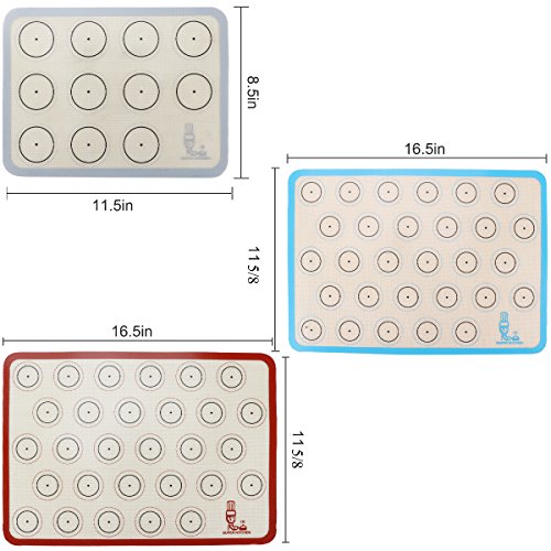 Non Sitck Silicone Baking Mat Macaron Sheet - Set of 3-2 Half Sheet Mats and 1 Quarter Sheet Liner,For Bake Pans/Pizza/Cookie and Bread Making,By Super Kitchen