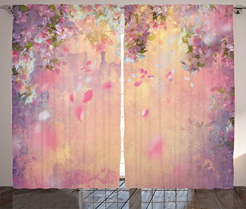 House Decor Curtains 2 Panel Set By Ambesonne, Cherry Tree Blossom Cheerful Childish Fun Cartoon Art Garden In Sakura Season, Living Room Bedroom Decor, 108W X 90L Inches, Pink Green Black (8681273225554)