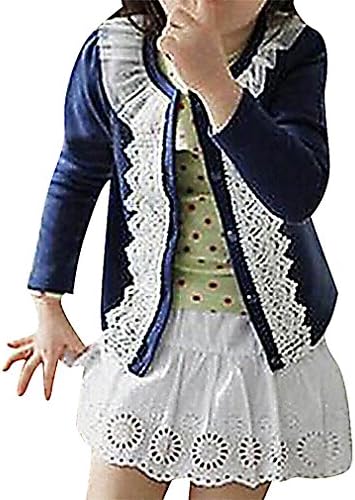 Pupik, Girls' Fancy Solid Color White Lace Overlay Button Up Long Sleeve Cardigan, DarkBlue 4T