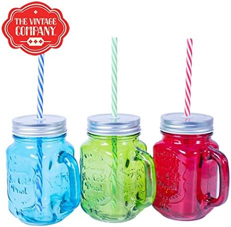 Vintage Kitchen Company Pack of Three Coloured Mason Jars with Lids and Straws, 8 x 7 x 10 cm