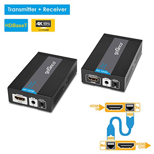 gofanco 130 ft(40m) HDBaseT HDMI Extender Ultra HD 4K over CAT5e/CAT6/CAT7 Ethernet cable with Bi-directional IR Up to 70 meters (230 feet) @ 1080p 60Hz 40 meters (130 feet) @ UHD 4K 60Hz, HDCP 2.2