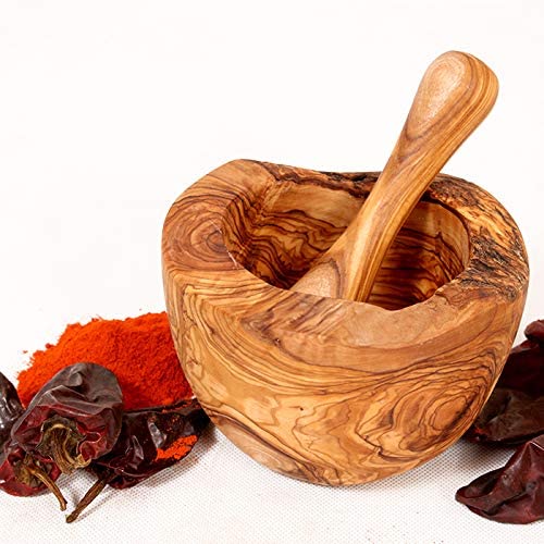 MOHA 24 Olive Wood Mortar and Pestle, 12 cm, Handmade, Natural Edge, Kitchen Mortar, Wooden Finish, Sustainable Herb Spice Mortar