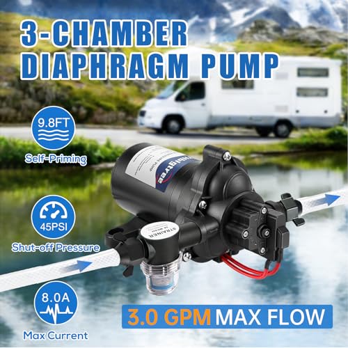 12V DC Self Priming Rv Water Pressure Pump, 3.0GPM 45PSI Quiet Water Diaphragm Pump with Pressure Switch for RV Marine Camping Yacht Boat Trailer Caravan