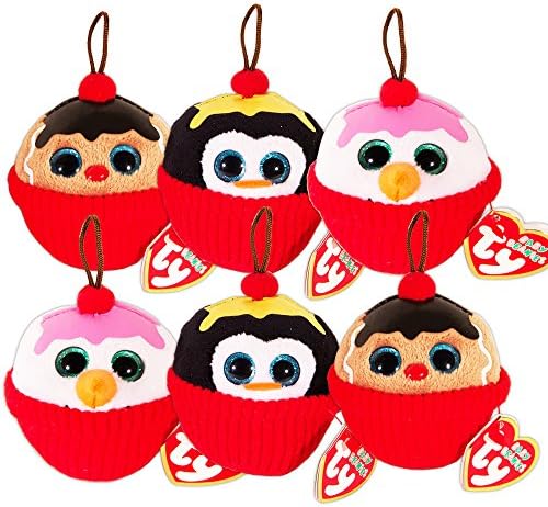 Ty Beanie Babies Christmas Set of 6 Plush Holiday Ornaments -- Snowman, Penguin Gingerbread Man Sundae Ornaments