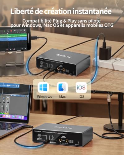 PIYONE 2x2 USB Audio Interface, 24bit/192kHz Studio Sound Card for PC/Mac/iOS, Recording, Podcast, XLR/TRS Input, 48V Phantom, Loopback, Zero Latency Monitoring (Alloy Grey)