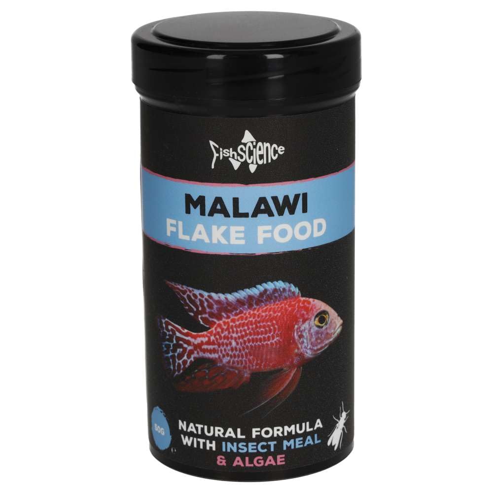 FishScience Malawi Flake Food 50g | Fish Food for Malawi Cichlids and Other Algae Eating Fish | Protein Insect Meal Formula – Colour Enhancing