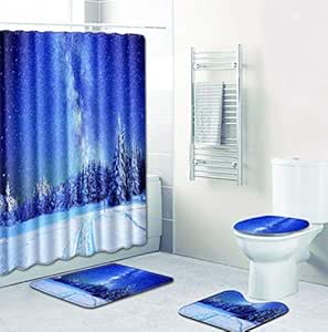 4 Piezas Alfombra De Baño Conjunto Cielo Estrellado Alfombras Cortina