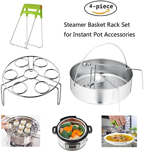 Instant Pot Accessories Steamer Basket, Egg Steamer Rack,Fits Instant Pot 5, 6, 8qt Pressure Cooker with Foldable Bowl Plate Dish Clip Clamp,Stainless Steel Set of 4