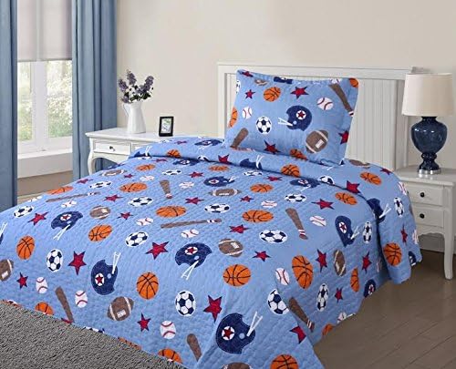 Elegant Home Kids Multicolor Blue Orange White Brown Sports Football Soccer Basketball Baseball Design Fun Colorful 2 Piece Coverlet Bedspread Quilt for Kids / Boys Twin Size # 3