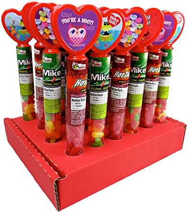 Valentine Heart Tubes w/ Mike and Ike + Hot Tamales Jelly Beans, 1.7 Ounce - 24 Count Display Box