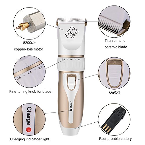 Otstar Dog Clippers,Low Noise Rechargeable Cordless Pet Dog and Cat Grooming Clippers Kit Set Tools with 2 Batteries,P3(White and Gold)