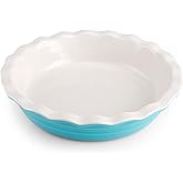 Farberware Bakers Advantage 10 Inch Ceramic Pie Dish - Two-Tone Teal and Ivory Stoneware Pie Pan with Scalloped Edge for Even