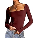 Dwnval Long Sleeve Shirts for Women - Basic Slim Fit Double Lined Square Neck Crop T Shirt
