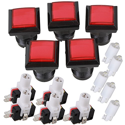 Red and Black 33 x 33mm Square Shape LED Illuminated Push Button Large Machinery 12V Switch Pack of 5