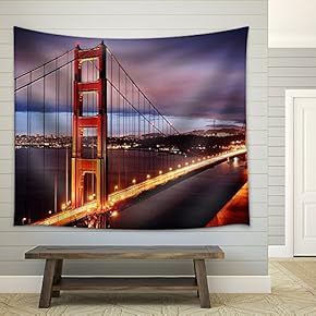 Night Scene with Golden Gate Bridge and San Francisco Lights - Fabric Wall Tapestry Home Decor - 51x60 inches