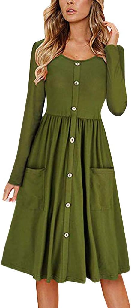 Sonnena Womens Dress, Fashion Vintage Long Sleeve Casual Solid Midi Dress for Ladies Teen Girls O-Neck Pullover Sweatshirt Dress Jumper Plus Size Evening Party Cocktail