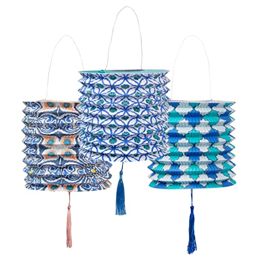 Marokkaanse geometrische blauwe papieren lantaarns decoraties voor verjaardagsfeest, tuin, zomer, babyshower, set van 3, gemaakt door Talking Tables
