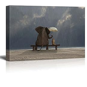 Elephant And Dog Sitting In The Rain - Canvas Art