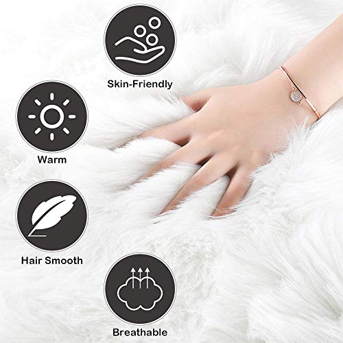 bedee Faux Lammfell Teppich Shaggy Kunstfell Schaffell 160x90cm Lammfellimitat Teppiche Longhair Fell, Universal für Wohnzimmer Schlafzimmer Kinderzimmer Esszimmer Auto Bettvorleger Sofa Matte (Weiß)