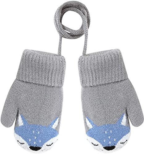 JINTN Baby Cartoon Fox Warm Glove Kid Boys Girls Winter Knitted Full Finger Glove with Rope Toddler Thermal Hanging Neck Hand Covers for 1 to 3 Years