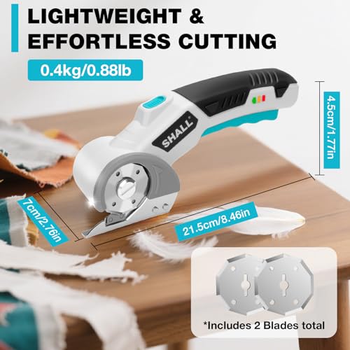 SHALL 4V Cordless Electric Scissors with Safety Lock, LED Light and Replacement Blade - Rechargeable Rotary Cutter for Fabric, Leather, Carpet, Cardboard and Plastic