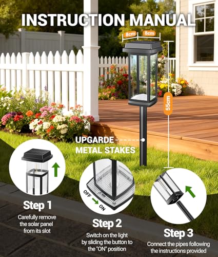 RECHOO Solar Lights for Outdoor Garden Pack of 4, 3000 K Warm White Solar Lights Garden with Metal Ground Spikes & 2 Light Modes, IP65 Waterproof Solar Lights for Outdoors, Garden Decoration, Yard