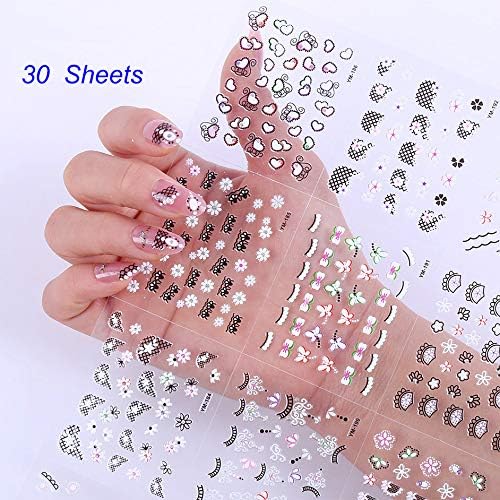 30Sheets 3D Design Self-adhesive Nail Tips Art Stickers Nail Decals for Women DIY Nail Art Decoration (TYPE1)