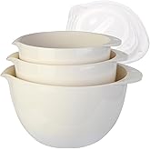 JCXivan 3 Plastic Mixing Bowls with Pour Spout,Lids and TPR Non-Slip Bottom,3Qt,2Qt,1.5Qt,Nesting Bowl Set for Kitchen Prep,Baking,Storage,Batter,Small,BPA free,Dishwasher Safe,Easy to Grip,White