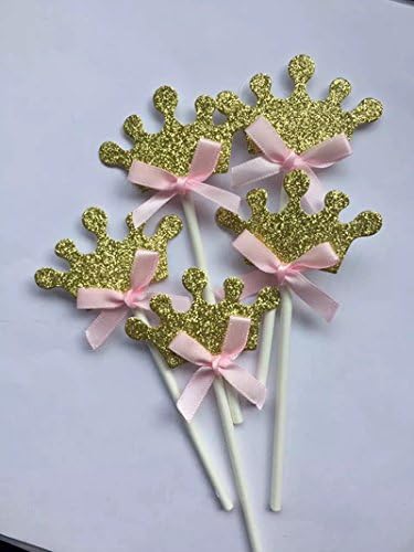 Elfun(TM) Glitter Gold Crown Pink Bowknot Baby Girl Cupcake Topper Birthday Party Baby Shower Cake Decoration -12count