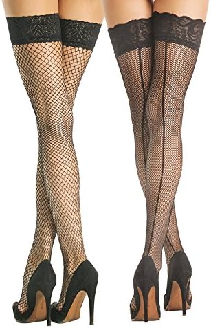 [2 Pack] DittyandVibe Womens Thigh High Vintage Lace Control Top Fishnet Stockings Black