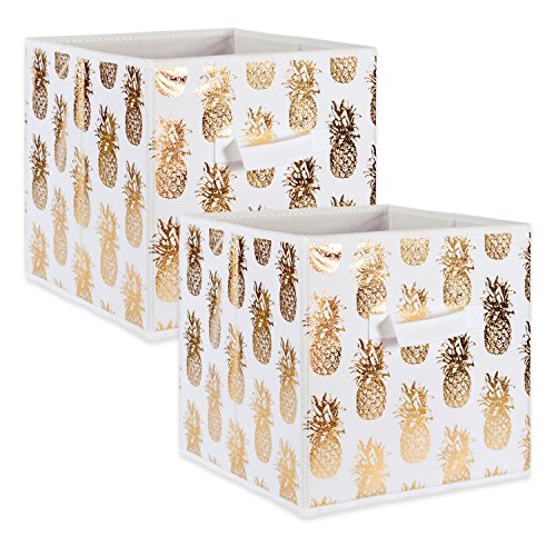 DII Foldable Fabric Storage Containers (11x11x11) Pineapple Set of 2, Small (2), White/Gold