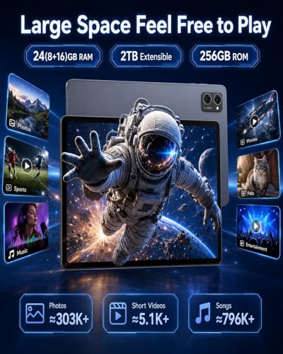TABWEE Tablet 10 Inch Android 16 Tablet with Keyboard, 24GB RAM (8+16GB Ext.) 256GB ROM (2TB TF Expand), Octa-Core 2 in 1 Android Tablet, 5G WiFi, 5000mAh, GPS, Gemini AI, Space Gray