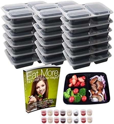 Meal Prep Containers 3 Compartment [20 Pack] & 1.5 oz Sauce Cups, Leak Proof , BPA Free, Freezer, Microwave, Dishwasher Safe, Reusable & Durable Food Storage Containers (32 oz) - Ebook (20)