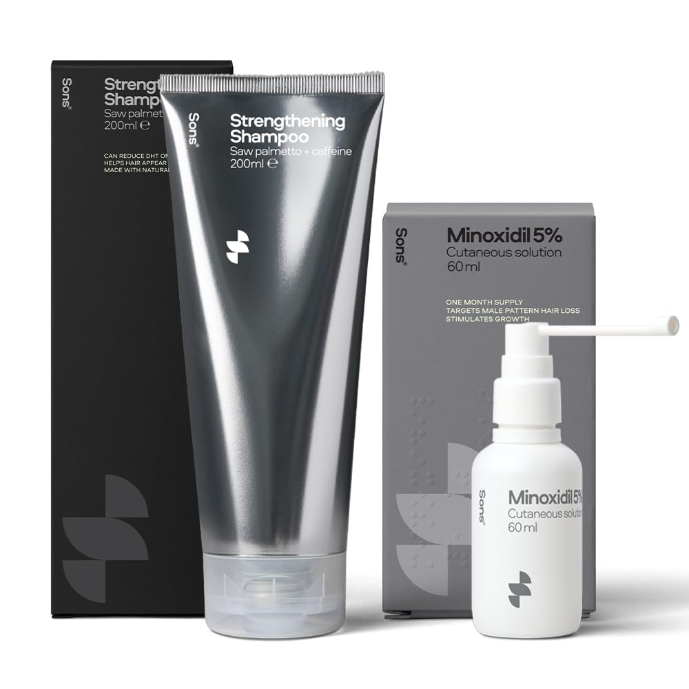 Sons Minoxidil 5% Solution & Hair Growth Shampoo for Men. Hair Regrowth Treatment & DHT Blocker Citrus Head Wash with Caffeine. Hair Thickening & Anti-Dandruff Formula. 1 Month Supply. Made in Europe.