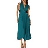 Gmeitoey Summer Satin Sleeveless Pleated Midi Dresses for Women Sexy V Neck Backless Tie Asymmetric Flowy Cocktail Dress