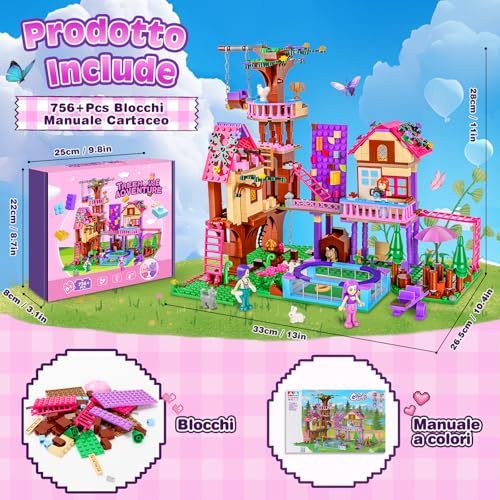 Charmofun Tree House Building Set, Girls' House Building Set with 3 Dolls and 4 Animals, Friends Tree House of Friendship for Children Age 8 and Up (Pink)