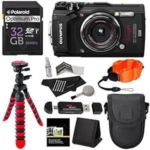 Olympus TG-5 Waterproof Camera with 3-Inch LCD, Black V104190BU000, Polaroid 32GB Class 10 SD Card, Ritz Gear Tripod, Camera Case and Accessory Bundle