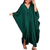 Bsubseach Women Solid Color Cover Up V Neck Batwing Sleeve Plus Size Beach Kaftan Dresses