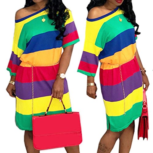 Dress-Han Shi Women Summer Striped Print Short Sleeve Crew Neck Sundress (Multicolor, XL)