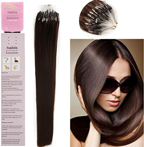 haibis 16''-22'' Straight Micro Loop Remy Human Hair Extensions with Double Silicone Ring Beads Tipped 1g/s 100s(20'',#02 Dark Brown)