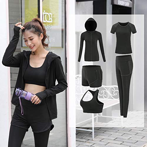 ZETIY Women's Activewear Set 5 Piece Yoga Jogging Workout Clothes Athletic Tracksuits (Small, Black)