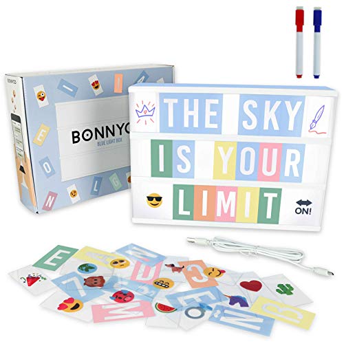 Blue Cinema Light Box with 400 Letters, Emojis and 2 Markers - BONNYCO | Led Light Box Boy Bedroom Decor, Baby Shower | Cinema Led Sign Letters Board Gifts for Boys, Children for Birthdays Christmas